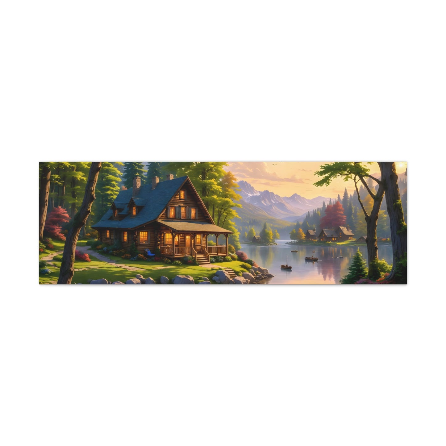 Canvas Wall Art - Cabin on the Lake, Thomas Kinkade Homage