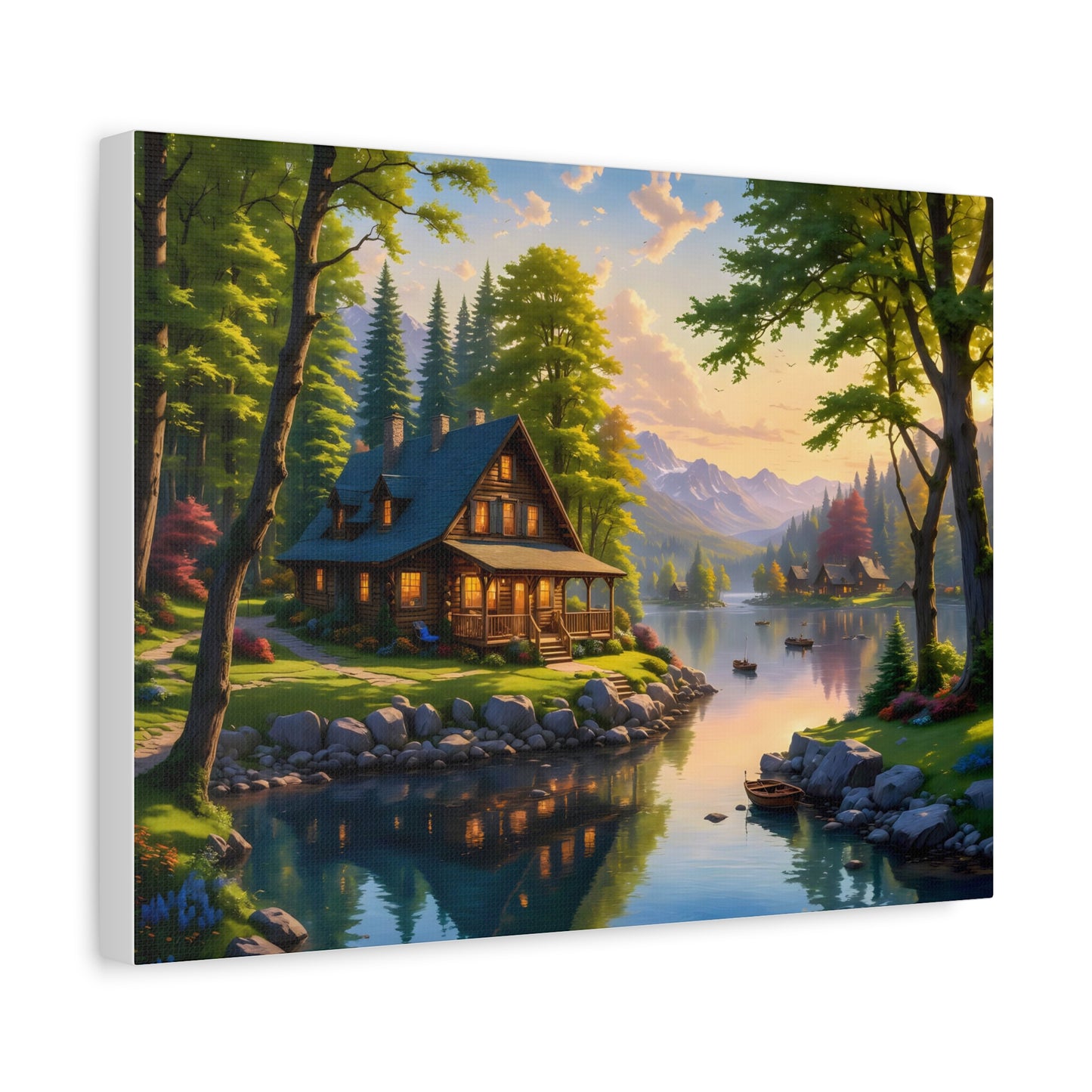 Canvas Wall Art - Cabin on the Lake, Thomas Kinkade Homage